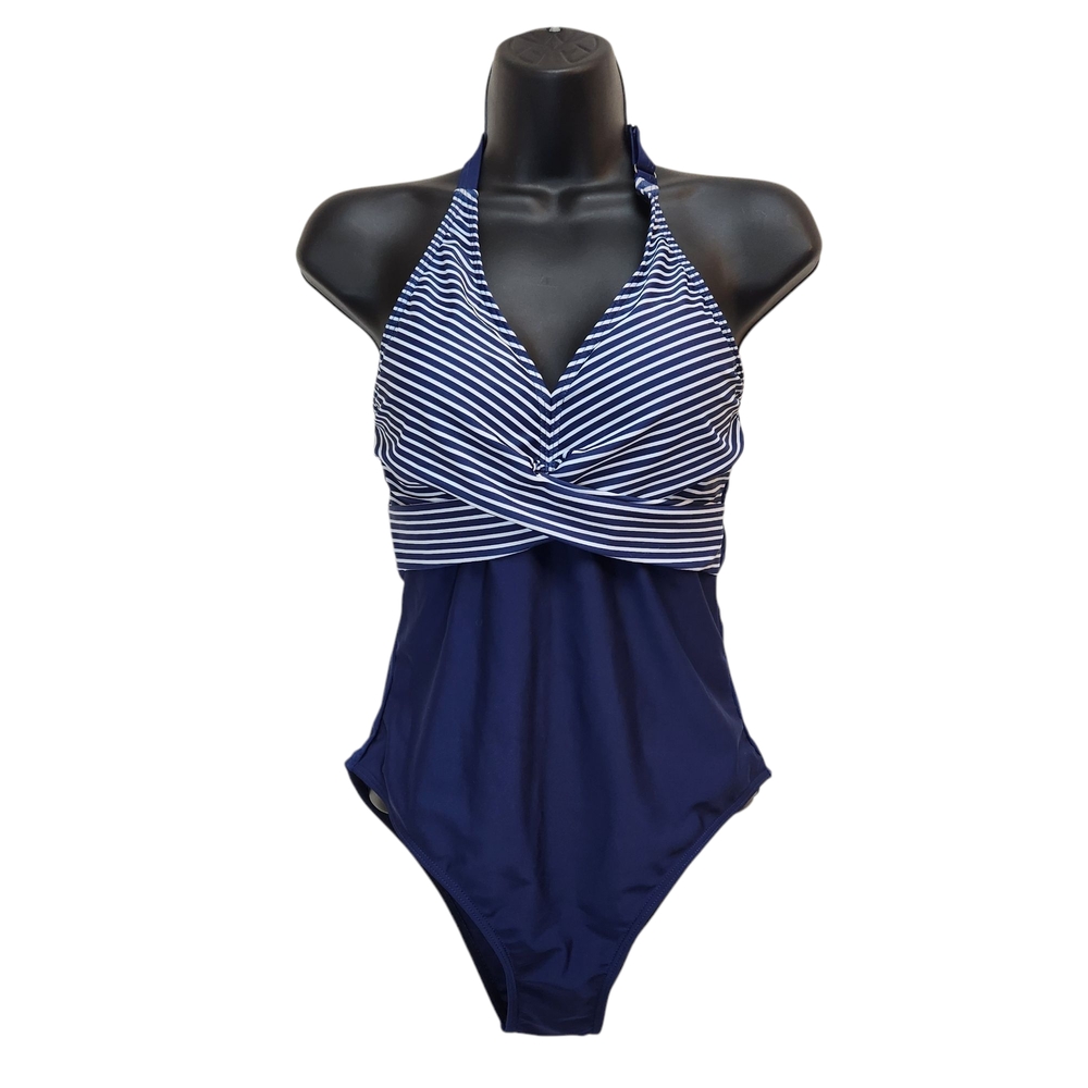 [M] Navy and White Striped Halter Swimsuit Size Medium Nautical